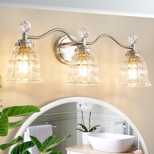 Image of Brushed Nickel Bathroom Light Fixtures Modern Vanity Lights with Crystal Shades, 3 Light Bathroom Vanity Light Wall Sconce Lighting for Bath-Room Ladies Room, Powder Room