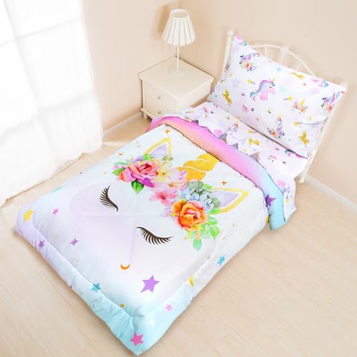 Image of Toddler Bedding Sets for Girls, Unicorn Toddler Crib Bedding Set 4 Piece Pink Floral Toddler Comforter Set Includes Flat Top Sheet, Fitted Sheet, Comforter, Envelope Pillowcase, Soft & Comfort