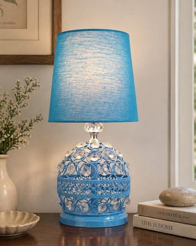 Image of Homesake Modern Small Crystal Table Lamp, Contemporary Bedroom Bedside Nightstand Lamp, Morden Minimalist, Desk Globe Lamp for Living Room Girls Kids Room, Fabric Shade, (Turquoise)