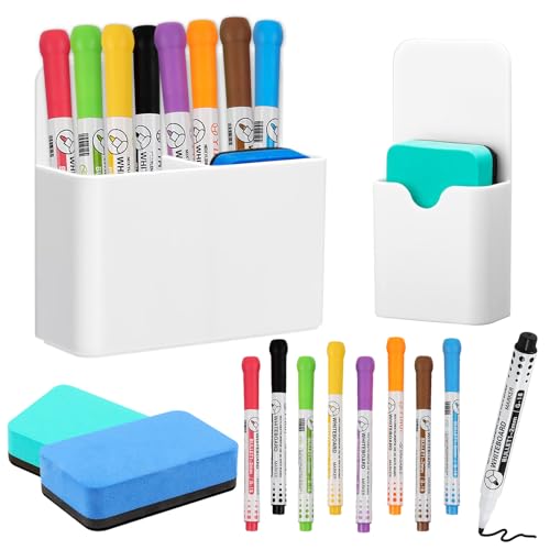 Shinybox 12 Accesorios para Pizarra blanco, 2 Piezas Soporte Magnético para Bolígrafos con Esponja, 8 Rotuladores de Pizarra blanco, Portalápices Magnético para Escuela, Oficina