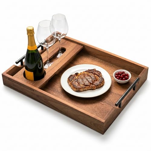 Acacia Wood Serving Tray with Wine Glass Holder, Couch Snack