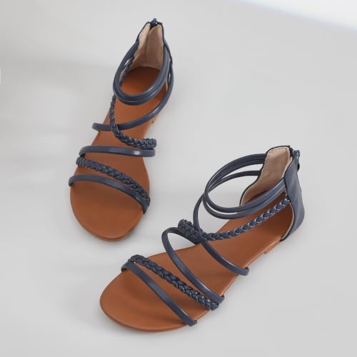 Image of youngshow Women's Braided Strappy Sandals - Open Toe Dressy Gladiator Flat Sandals with Back Zipper, Casual Summer Beach Shoes
