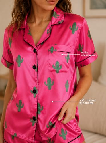 Image of Remidoo Women's Silk Satin Pajama Set Striped Button Up Pjs Short Sleeve Loungewear