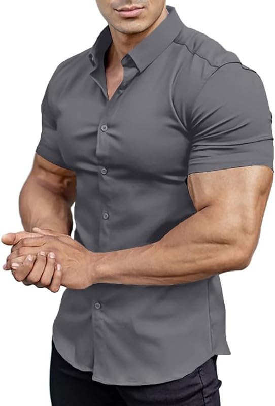 EOUOSS Men’s Muscle Fit Dress Shirts Athletic Slim Fit Short Sleeve Stretch Casual Button Down Shirt