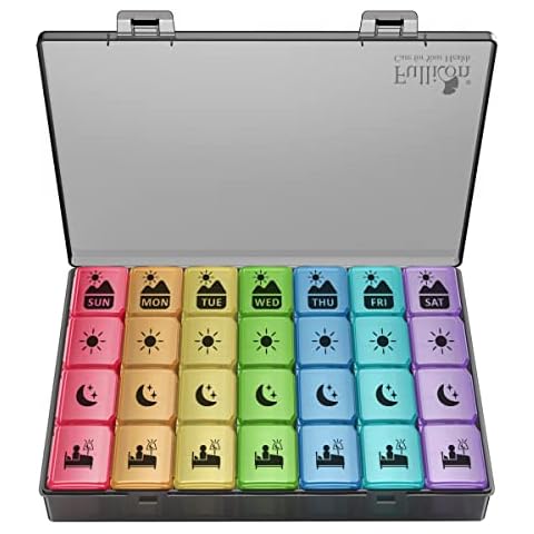 Extra Large Weekly Pill Organizer 4 Times a Day,Fullicon XL Large Pill Box, 7 Day Medicine Organizer,Black Pill case for Vitamin/Fish Oil/Supplements Cover