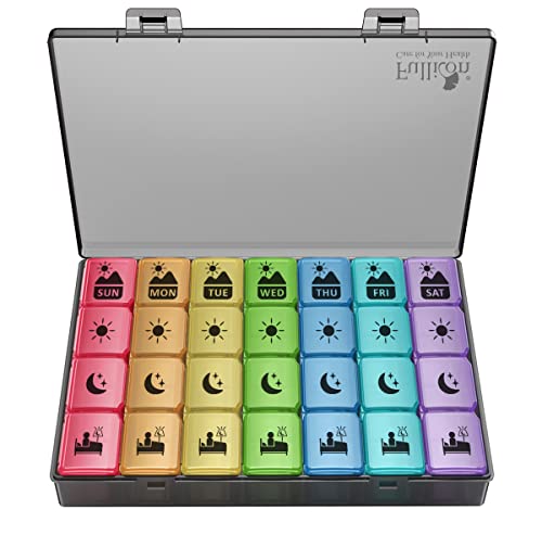 Image of Extra Large Weekly Pill Organizer 4 Times a Day, Fullicon XXL Large Pill Box, 7 Day Medicine Organizer, Black Pill case for Vitamin/Fish Oil/Supplements