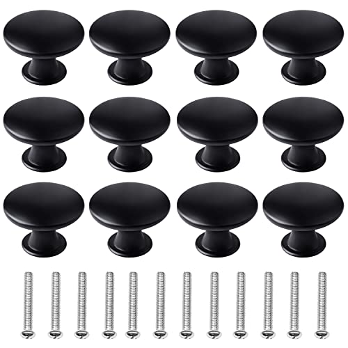 kuou 12 Pcs 30mm Black Matted Round Cabinet Knobs Kitchen Cupboard Handles Vintage Style 12 Screws Included