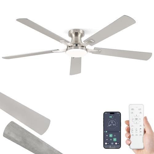 Image of ZMISHIBO 60 Inch Ceiling Fan with Light, App&Remote Control, Flush Mount Low Profile, Dimmable 20W LED Light, Quiet Reversible Motor for Bedroom, Living Room, Apartment, Nickel
