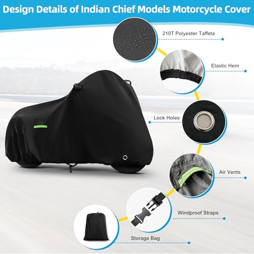 Image of Motorcycle Cover Waterproof for Indian Chief Dark Horse /Chief Bobber /Super Chief Limited, Heavy Duty Outdoor Sun UV Rain Dust All Weather Protection Motorbike Cover with Soft Cotton Lining & Lock Hole