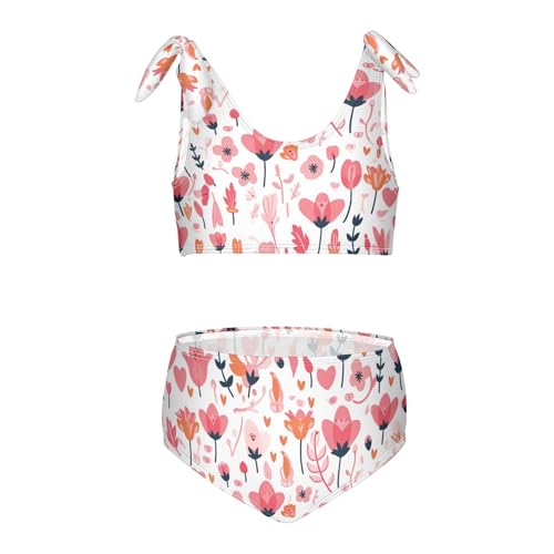 KLL A Pattern of Flowers in Pink Girls' 2 Piecing Bikini Set Quick-Dry Swimsuits Swimwear Adjustable Strap