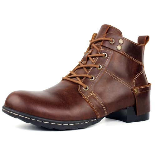 Image of Motorcycle Boots Men CasuaL Riding Leather Motorcycle Combat Boot /Shoes Fashion Lace-up Chukka Boot Ankle Caramel Brown HF002-1