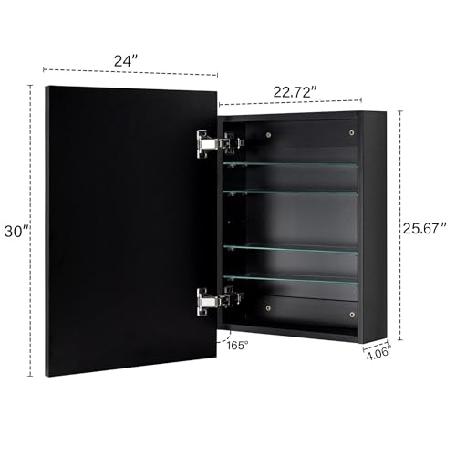Image of TEHOME 24'' x 30'' Black Recessed and Surface Mount Bathroom Medicine Cabinet with Mirror Matt Black Square Cornered Metal Framed Rounded Rectangle Medicine Cabinet Mirror
