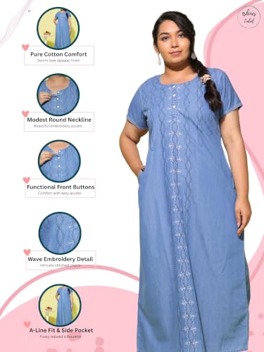 Image of 9shines Label Stylish Denim Cotton Nighty Maxi for Women | Full Length Trendy Nightgown | Premium Nightdress | Nightwear | Embroidery Nighty with Pocket (9SDS)