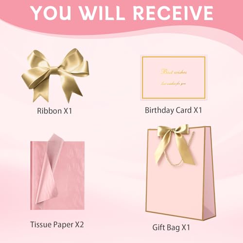 Image of JMANNI Pink Gift Bags with Handles, Gift Bags with Tissue Paper, 1PCS Gift Bags with Ribbon and 1 Cards 2 Tissue Paper, for Valentines Day Baby Shower Birthday Party Wedding Mothers Day