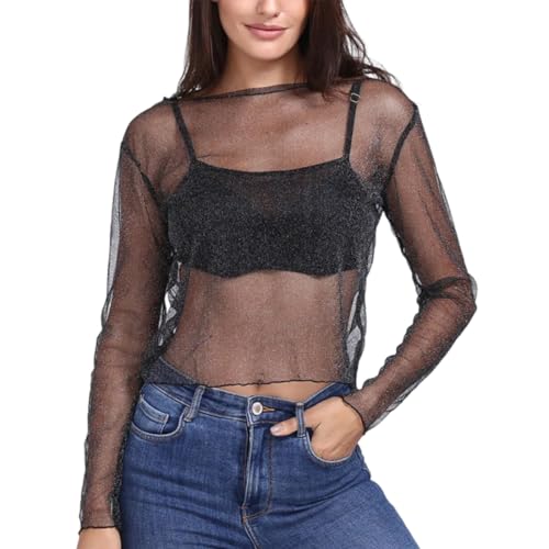 Femme Hauts Transparents T-Shirt à Manches Longues Top en Maille, Longues Clubwear Haut Voile Col Rond Serrée Elastique Fishnet Tee Shirt, Chemise Noir Tulle...