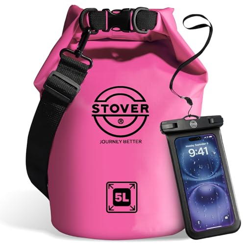 Image of STOVER 5 /10 /25 /30 /40L Waterproof Dry Bag, Small Lightweight Roll Top Dry Bag Backpack w /Waterproof Phone Case, Kayaking, Travel, Hiking, Fishing, Tubing, Camping, the Beach, Men /Women (Pink)