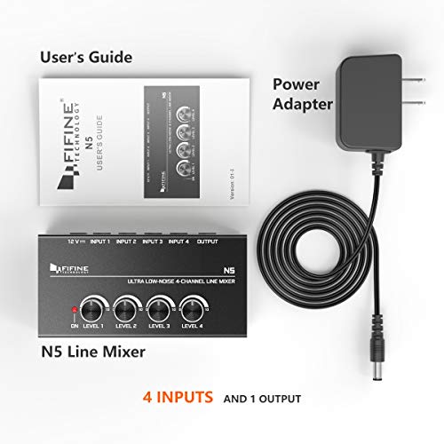 FIFINE Ultra Low-Noise 4-Channel Line Mixer for Sub-Mixing,4 Stereo Channel Mini Audio Mixer with AC adapter.Ideal for Small Club or Bar. As Microphones,Guitars,Bass,Keyboards or Stage Sub Mixer-N5