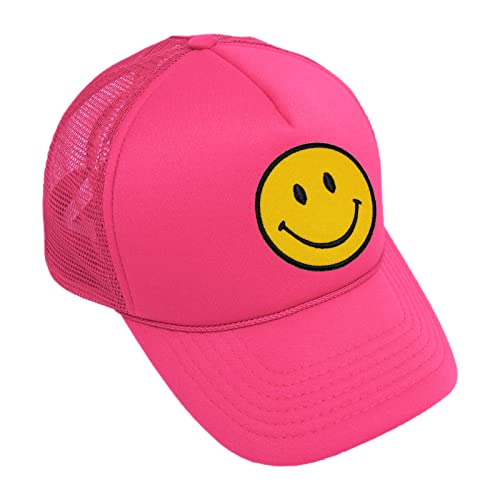 Lycycse Smile Face Trucker Hat Retro Mesh Baseball Cap With Smile Patch Foam Neon High Crown Y2K Hats For Men Women (Hot Pink) #TOP2