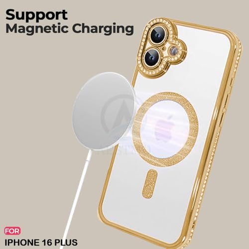 Image of AESTMO Back Cover for iPhone 16 Plus Compatible with MagSafe | Diamond Glitter Case | Luxury Bling Rhinestone Soft Clear TPU Bumper | Camera Lens Protection Cover for iPhone 16 Plus (Gold)