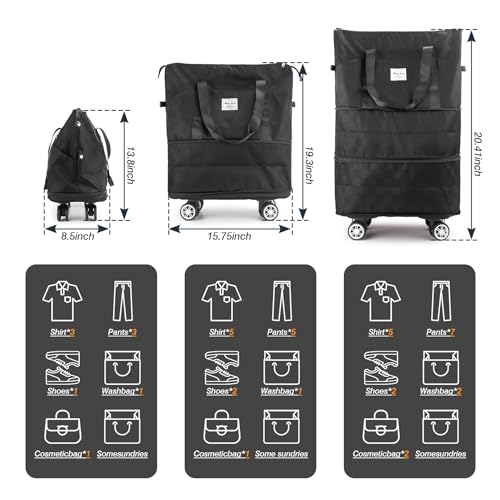 Zoofen Foldable Duffel Bag Expandable Travel Bag with Removable Wheels for Travel/Camping(Black)2