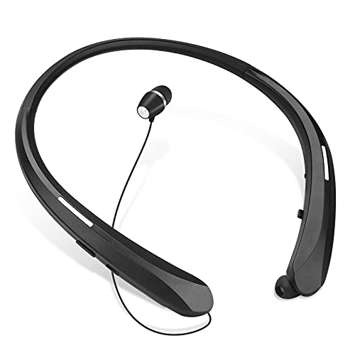 Neckband Bluetooth Retractable Headphones, Portable Wireless Earbuds Neckband Headset Sports Noise Cancelling Stereo Earphones with Mic 24H Playtime Call Vibrate Alert (Black)