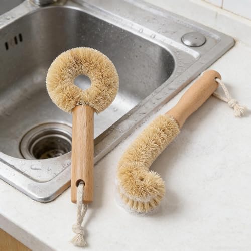 Cactus Bottle Brush Set 2PCS-Eco-Friendly with Natural Wood Handle & Cactus Fiber Bristles for Deep Cleaning Bottles Pans and Kitchen Dishes
