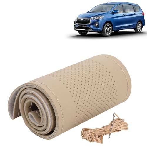Image of KINGSWAY PU Leatherite Car Steering Cover Sewable Compatible with Toyota Rumion (Year 2023 Onwards), Beige Color with Beige Thread, Pack of 1 with Sewing Needle and Thread