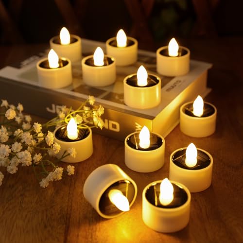 12Pack Solar Tea Lights Outdoor Waterproof, Small Solar Lights with Rechargeable Dusk to Dawn Sensor, Flameless Flickering LED Votive Candles for Lantern Window DIY Patio Chandelier Decor(Warm White)