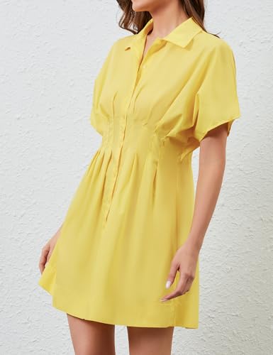 Image of Women Summer Short Sleeve Button Front Pleated Shirt Dress Striped Collar V Neck Casual Y2k Swing Short Mini Dress