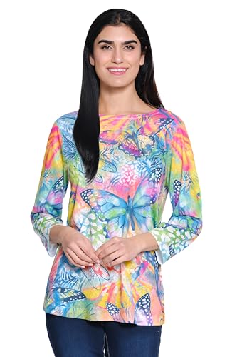 Ali Miles Women's Petite Knit Pop Over Scoop Neck Three Quarters Sleeves, Warm Floral, Medium
