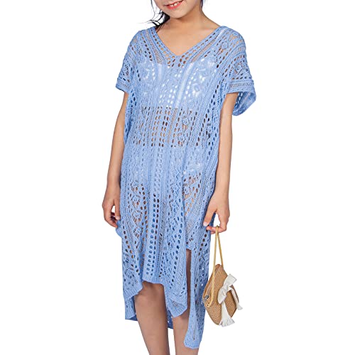 Idowela Solid Crochet Girls Swim Cover Up, Cute Beach Swimsuit Coverup For Girls 7-9 Years, Light Blue #TOP24