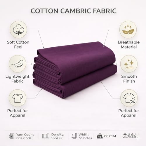 Image of Soimoi Purple Solid 60 * 60's Cotton Cambric Fabric by 2 Yards, 56 Inch Wide Light Weight Material Suitable for Kurtis, Blouses, Kids Clothing, Tunics, Dresses and Summer Apparel