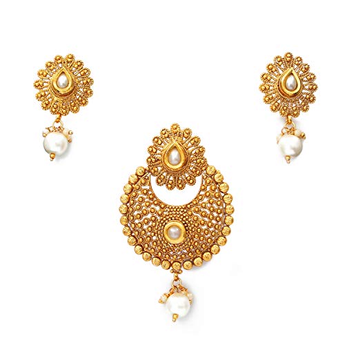 Juego de colgante y pendientes chapados en oro amarillo con perlas CZ para mujer