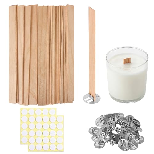 Visgaler 150 Pcs Thickned Wooden Candle Wicks. 5.1 X 0.5 X 0.06 Inch Upgrade Crackling Wooden Wicks Long Lasting Smokeless Wood Wicks with Iron Standers Wick Stickers and Warning Labels- 50 Sets