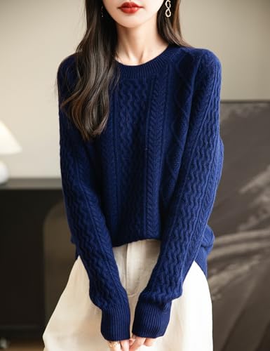 Women's Crew Neck 100% Merino Wool Sweater 2025 Fall Winter Classic Cable Warm Soft Long Sleeve Knitted Sweater4