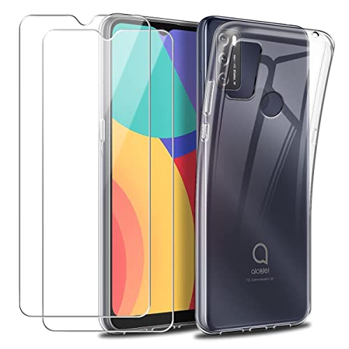 Reshias Coque pour Alcatel 1S 2021, Souple Transparent TPU Silicone Housse Étui avec Deux Film Protection d'écran en Verre Trempé pour Alcatel 1S 2021 / 3L 2021 6.52''