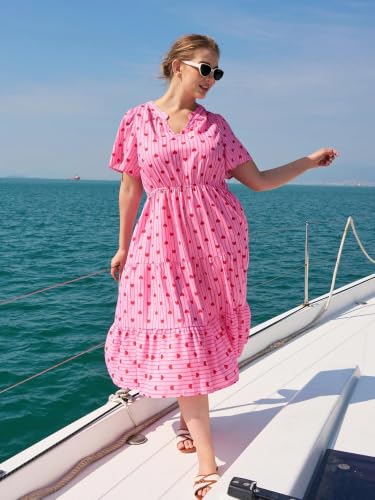 Image of TIYOMI Women Plus Size Dress Boho V Neck Short Sleeve Beach Maxi Dresses Floral /Stripe /Leaves /Lemon XL-5XL