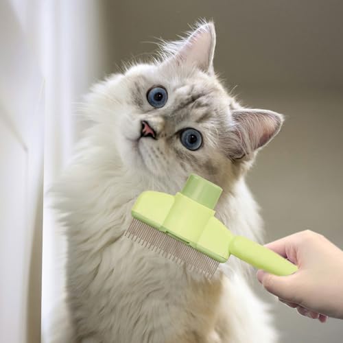 Image of Dogs and Cats Comb with Release Button, Pet Hair Removal Tools with Safe Stainless Steel Teeth for Deshedding, Cat Grooming Supplies for Long /Short Hair, Cat Brush for Shedding, Green