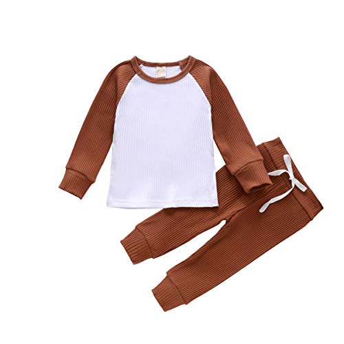 Toddler Baby Girl Boy Clothes Set Ribbed Long Sleeve T-Shirt Tops+Pants Spring Outfits Unisex Clothes (A- Coffee, 12-18 Months)