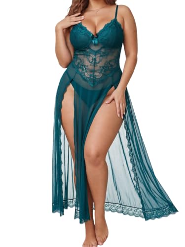 Image of Alrovetoney Plus Size Lingerie For Women Babydoll Sexy Mesh Maxi Nightdress Exotic Sleepwear Side Slits