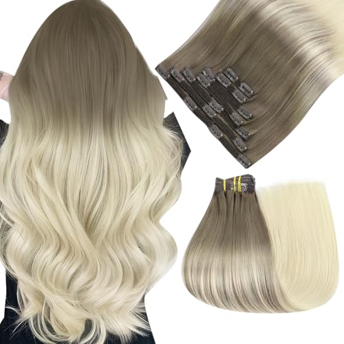 Easyouth Clip in Hair Extensions Ombre Thick Human Hair Clip in Extensions Light Brown Ombre Platinum Blonde Straight Clips on Extension Human Hair for Short Straight Hair 85G 12 Inch 7Pcs