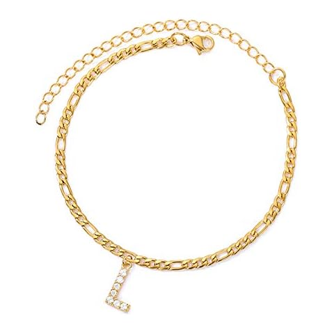 Jacruces L Initial Anklet Gold Anklet Bracelet for Women Figaro Chain 14K Gold Filled Anklet Stainless Steel Anklet Letter Anklet Beach Anklet Cover