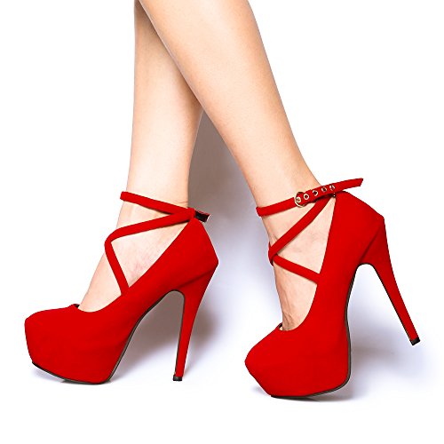 Image of OCHENTA Women's Ankle Strap Platform Pumps, High Heel Dress Shoes, Cross Strap Stiletto Heels for Party, Prom, Wedding, Evening 5.5Inch