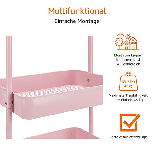 Foto von Amazon Basics Küchenrollwagen mit 3 Regalebenen und um 360 Grad schwenkbaren Rollen für den Innen- und Außenbereich, Altrosa, Metall