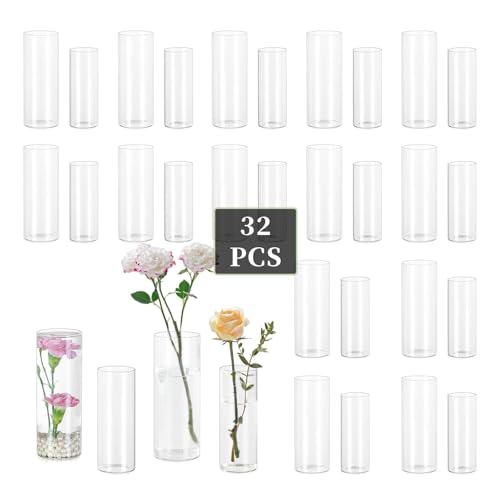 Glasseam Glass Cylinder Vase in Bulk: 32pcs Clear Small Bud