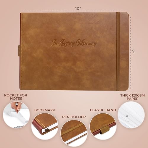 Image of Skyline Funeral Guest Book, Sign In Name & Address, Hardcover Brown | 10 inchx7 inch, Elegant sign-in guestbook for memorial service & celebration of life with large signature space, Memory book