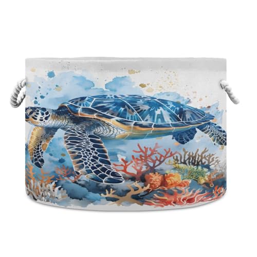 Round Storage Basket Watercolor Sea Turtle Swimming Open Home Storage Bin 20 * 13.9in