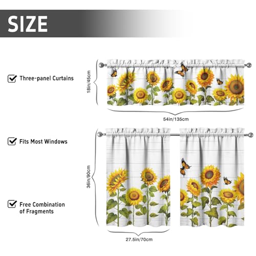 Image of Sunflower Kitchen Curtains 3 Piece Set Tier Valance Window Decor | 3 Piece Kitchen Curtain Set Includes 54x18in Valance and Two 27.5x36in Tier Curtains for Kitchen, Bedroom and Living Room