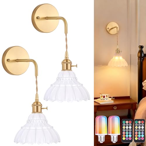 Image of Shenmoyl Vintage Battery Operated wall sconces Set of 2, Wall Lamps with White Lily of the Shade Pattern Glass, Adjustable Chain Wall Lights, sconces wall Decor for Stairway Living Room Doorway