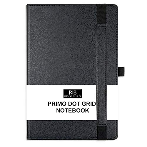 RICCO BELLO Primo Dot Hardcover Lay Flat Notebook for Bullet Style Journaling - Pen Loop, Vegan Friendly Faux Leather, Thick Paper, Elastic Band Closure, Two Ribbon Bookmarks, 5.7 x 8.4 Inches (Black)